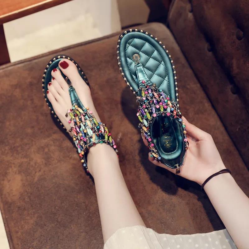 Flip-Flop Sandals Female Rhinestone Fairy Style Flat Student Flip-Flop Roman Bohemia Wild Summer