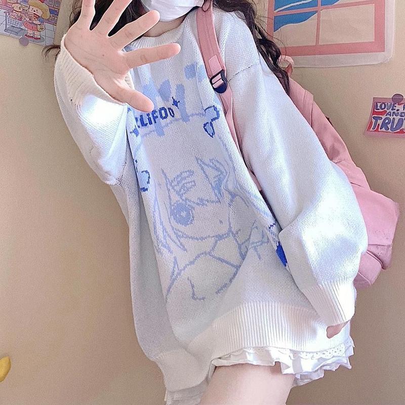 Women Sweater Anime Knitted Jumper White Black Pink Pullover Sweaters Fashion Autumn Winter Lady Knitwear Top Clothes