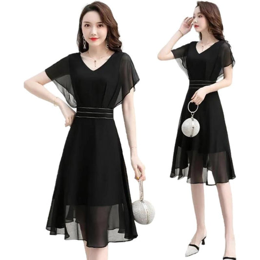Dress Female Summer Loose Large Size Black Chiffon Dress Short-sleeved Waist V-neck Slim Casual All-match