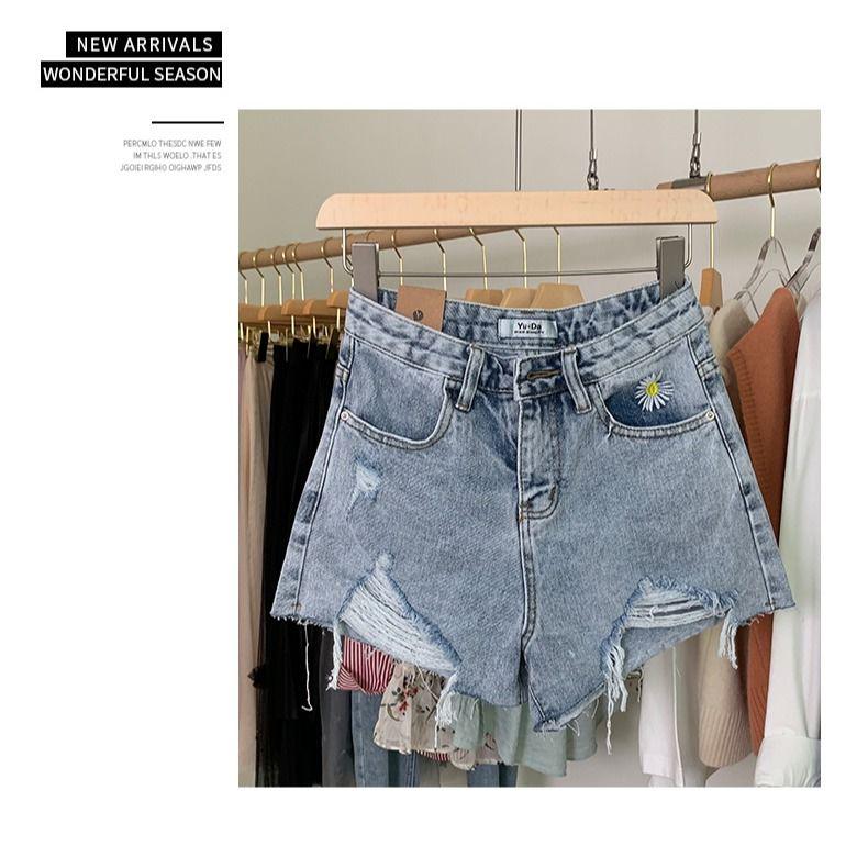 Summer denim shorts women high waist was thin little daisy embroidery loose hole wide leg pants