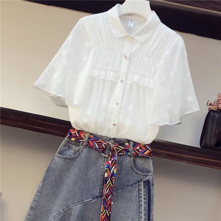 Fashion  2 Piece Set Skirt and Tops Plus Size Women Summer Pleated Short-sleeve Shirt Asymmetric Denim Skirt Two-piece Set