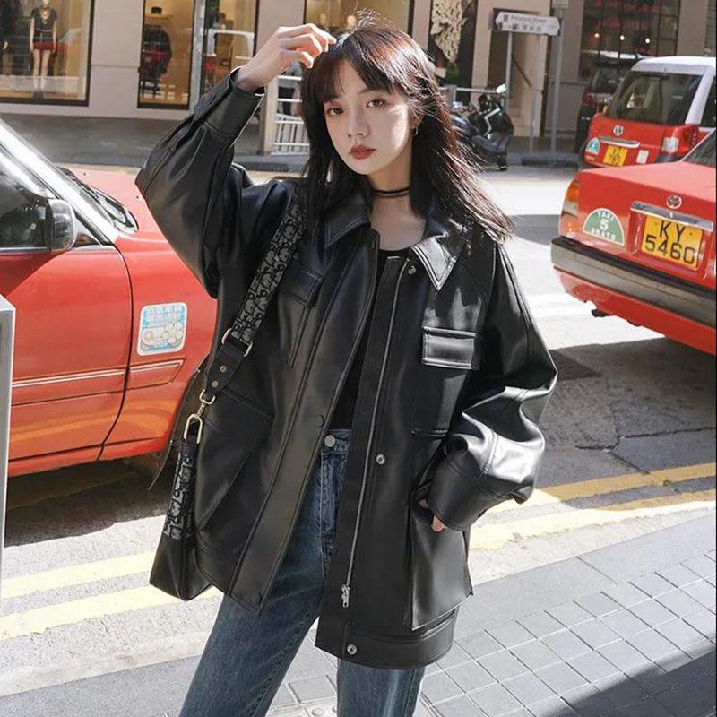 Autumn and Winter Leather Jacket Retro Loose Motorcycle Jacket Plus Velvet Thickening Mid-length Women's Leather Jacket