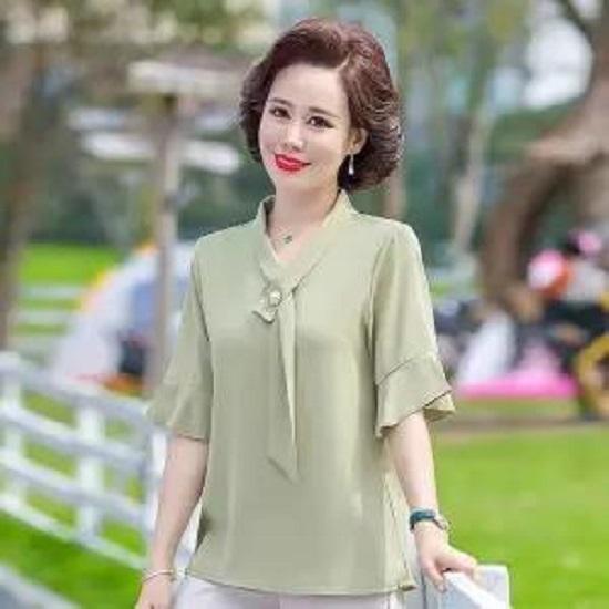 Summer Ladies Top Sleeve Shirt Chiffon Short Sleeve blouse V-neck Solid Color Breathable blouse