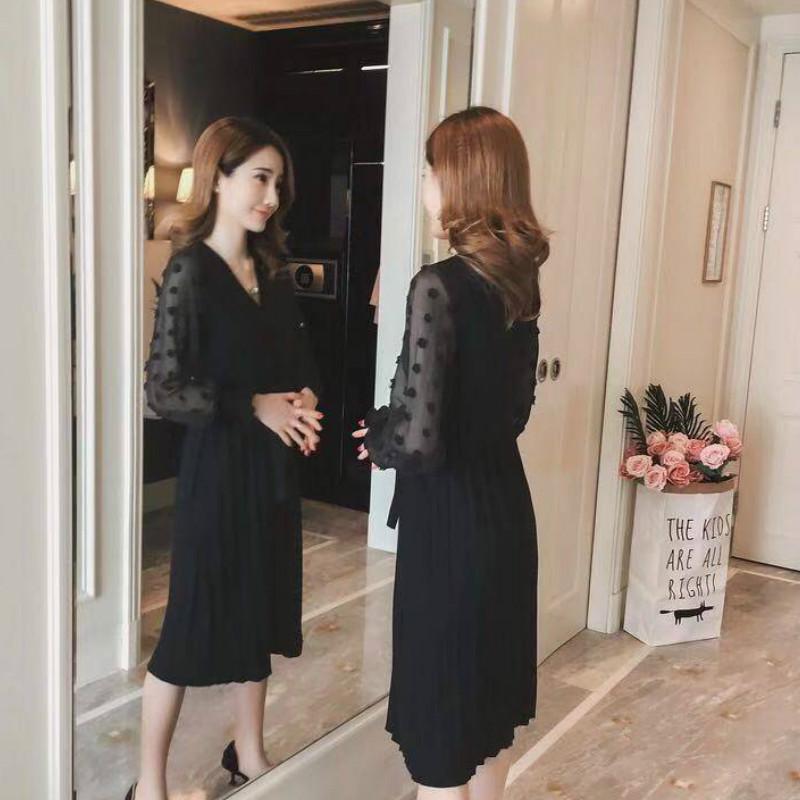 Pofulove 4 Colors Women Winter Sweater Dress Long V-neck Flower Chiffon Cuffs Knitted Pullover Skirt