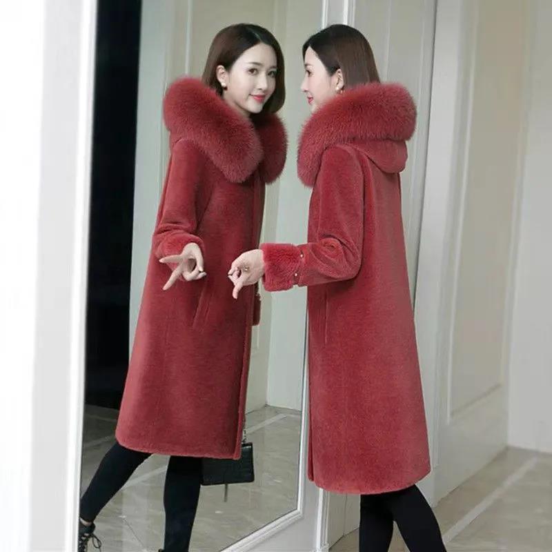 Real Fox Fur Collar Particle Sheep Shearing Female Mid-length Fur with Haining Fur Thickening Warm Jacket