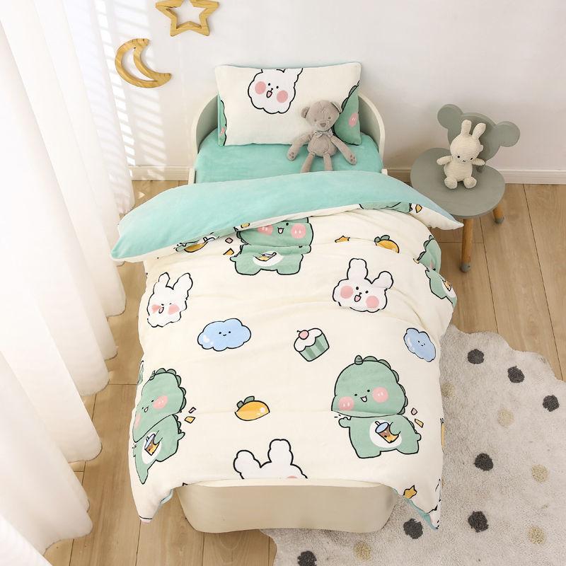 Children's Bed Three-piece Soft Skin-friendly Pillowcase Quilt Cover Sheet Milk Velvet Warm Bed Set Baby Bedding