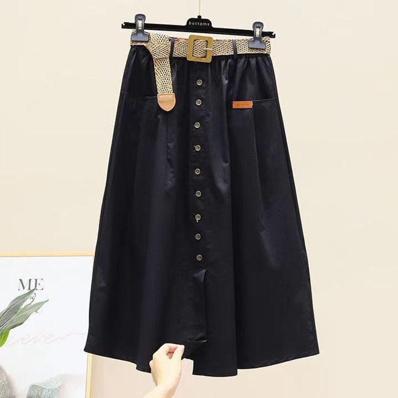 Woman Skirts Washed Cotton Skirt Female Summer High Waist Buttons A-line Skirts All-match Thin Calf-length Sashes Skirt