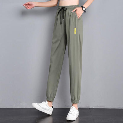 Summer Thin Ice Silk Pants Beam Foot Mosquito Pants Sports Pants Women's Black Loose and Thin High Waist Casual Harem Pants