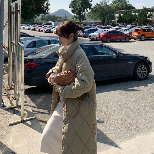 Women's Long Padded Coat Over The Knee Loose Padded Diamond Check Coat