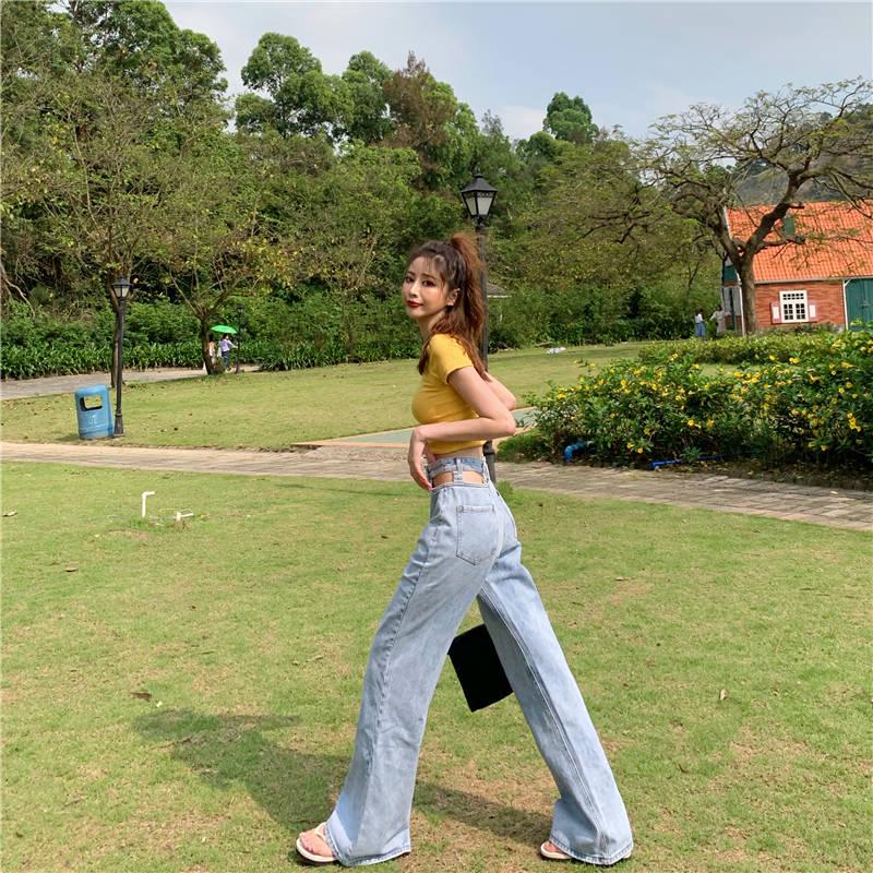WTEMPO Retro Hollow High Waist Spring Mop Jeans Women Loose Thin Skinny Wide Leg Pants Wild Long Pants