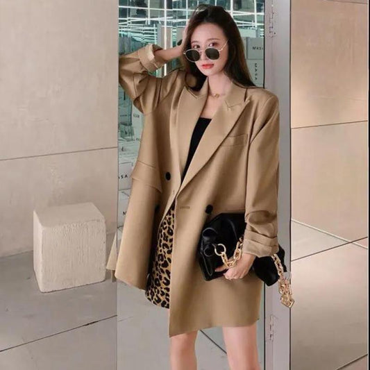 Khaki Jacket Female Spring and Autumn Loose Sense of Design Qualities Leisure Suit Jacket Lady Loose Long-sleeved Jacket