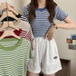 Thin Striped Ice Silk T-Shirt Women Summer Slim Short Knitted High Waist Top Short Sleeve