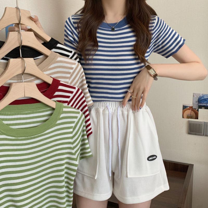 Thin Striped Ice Silk T-Shirt Women Summer Slim Short Knitted High Waist Top Short Sleeve
