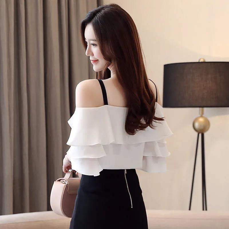Sweet Temperament Short-sleeved Ruffled Women's Collar Off-shoulder Top Ladies Temperament Chiffon Shirt Bottoming Shirt