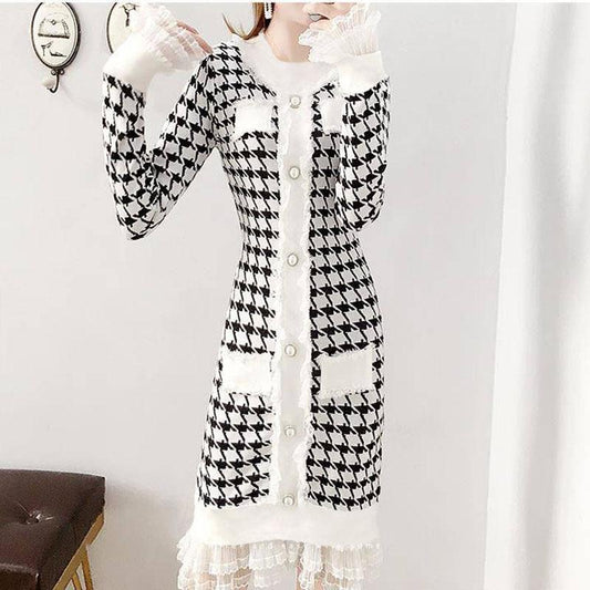 Vintage  Knitted Dress Female Autumn Winter Slim Houndstooth Sweater Dress Lace Stitching Pullover Sweater Dress