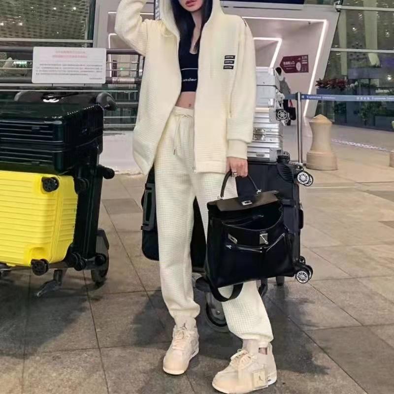 Waffle Hooded Jacket + Leggings Pants Two-piece Sports Leisure Spring and Autumn Thin Sweater Suit Cardigans for Women Girls Athletic Clothing