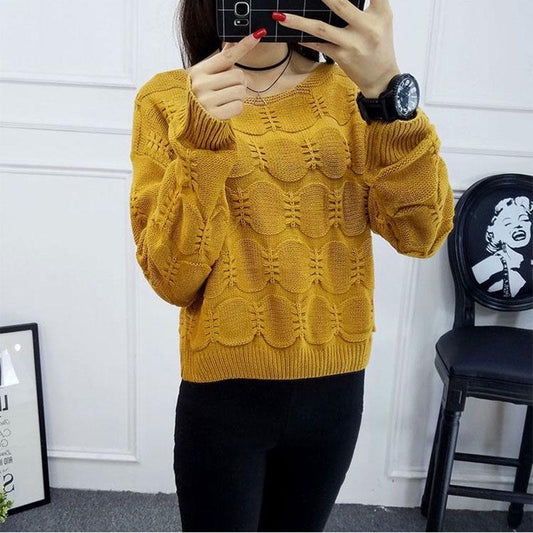 Spring and Autumn Women's Round Neck Loose Short Sweater Fashion Long-sleeved Solid Color Sweater