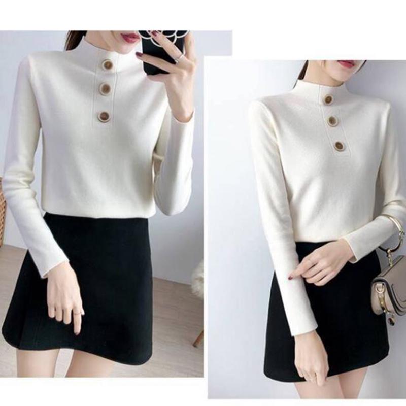 Pofulove women Turtleneck sweater with buttons slim Knit Pullover long sleeve jumpers top winter