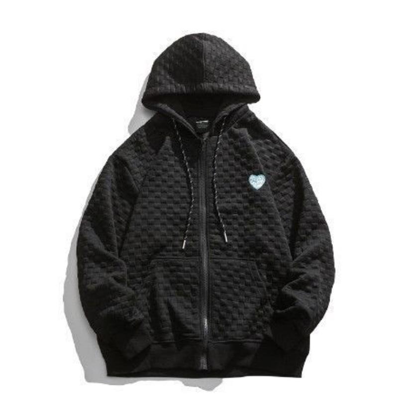 Waffle Cardigan Sweater Men's Hooded Spring and Autumn Zipper Solid Color Sports Top Loose Casual Jacket