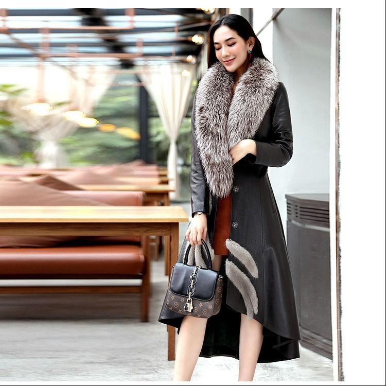 Winter Fur Collar Women's Fur Coat  Plush Thickening Medium Length Women's Leather Coat Slim Closing Woman Parka Coat