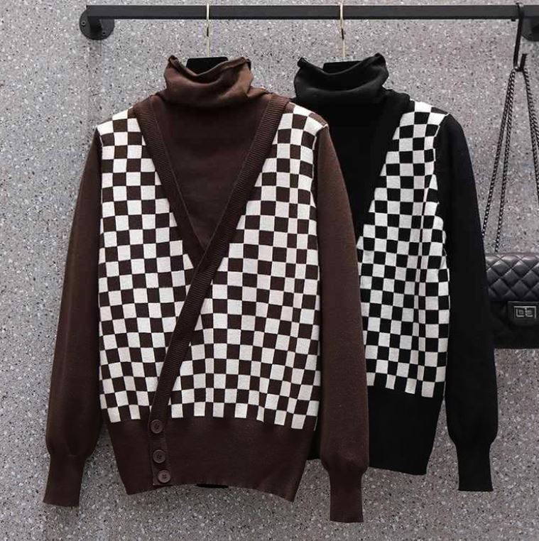 Women's Fashion Checkerboard Two-Piece Sweater High Neck Thickened Mid-Length Knit Sweater Loose Large Size Sweater