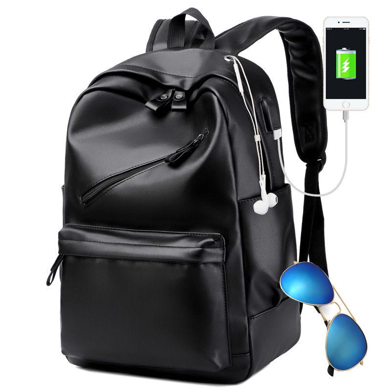 Men Backpack External USB Waterproof Backpack Fashion PU Leather Travel Bag Casual Leather Bookbags