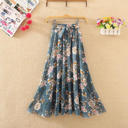Spring and Summer Mid-length Chiffon Print Bow Boho Beach Skirt Women's Skirt