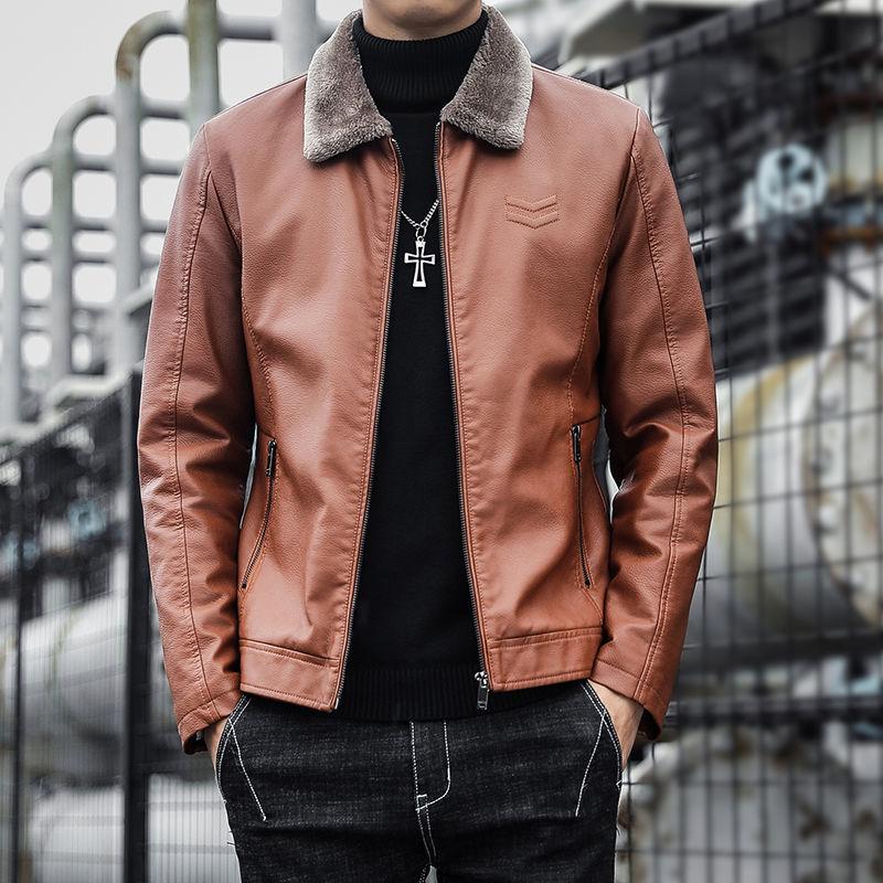 Young and Middle-aged Men's Leather Jacket Winter Fashion Fur One Leather Jacket Plus Velvet Thickening Warm Lapel Men's Leather Jacket