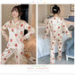 Ice Silk Pajamas Set V Neck  Long-sleeved Set for Womens Spring Autumn Thin Flower Cartoon Printed Outer Wear Home Clothes Two Pieces Set