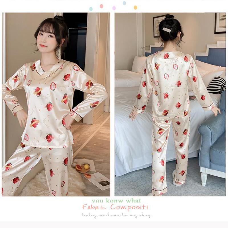 Ice Silk Pajamas Set V Neck  Long-sleeved Set for Womens Spring Autumn Thin Flower Cartoon Printed Outer Wear Home Clothes Two Pieces Set