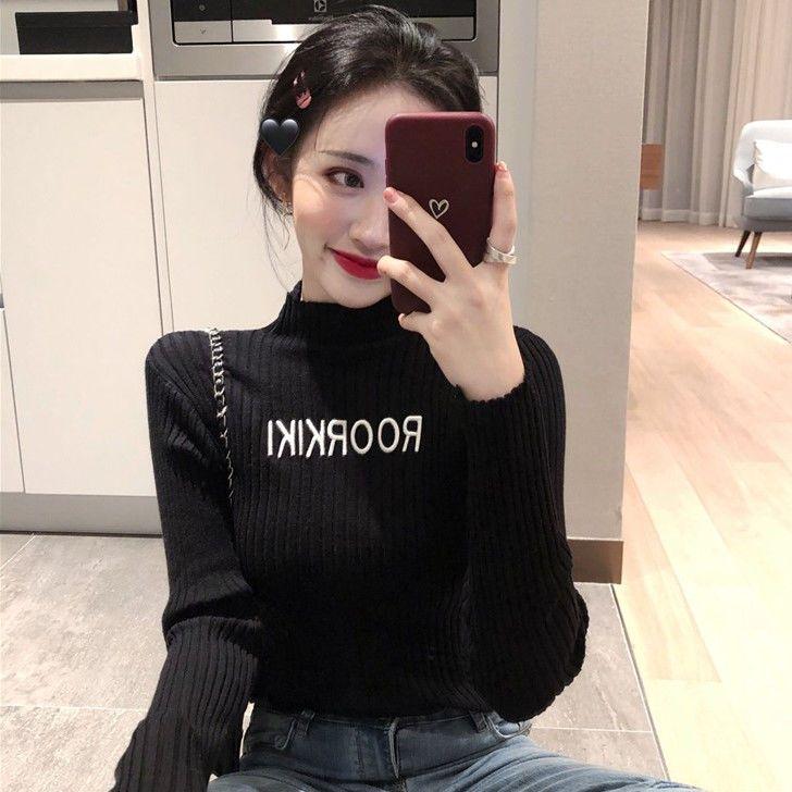 Pofulove Half Turtleneck Lettering Sweater Knit Sweater Top Retro Slim Long Sleeve Pullover