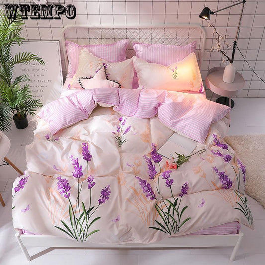 4 Pcs Bedding Set Lavender Printed Bed Sheet Bed Cover Home Textile Bedclothes