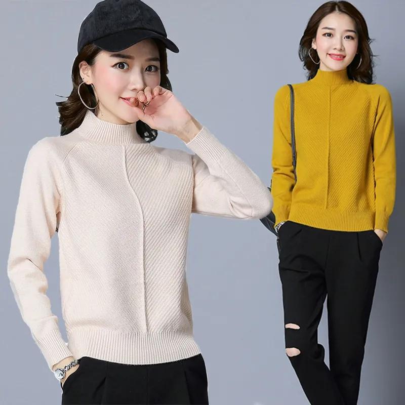 Sweater Women Half Turtleneck Pullover Knitwear Korean Version Pure Color Fluffy Plus Velvet Top Trending Sweater Autumn Winter