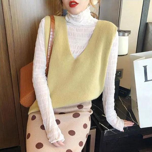 Short All-match Outer Wear Vest Women V-neck Loose Knit Waistcoat Solid Color Sleeveless Soft Sweater