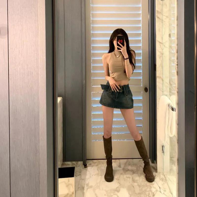 Denim Skirt Female Summer Korean Version Was Thin Package Hip Skirt with Lining A-line Skirt Simple Commute Skirt
