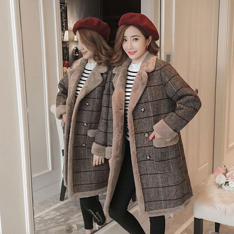Thick and Fluffy Woolen Coat Women's Mid-length Large Size Plaid Cotton Coat Warm Women's Coat