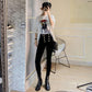 WTEMPO Stretch Trousers Double Breasted Leggings Women's High Waist Worn Outside Cotton Black Tight Pants
