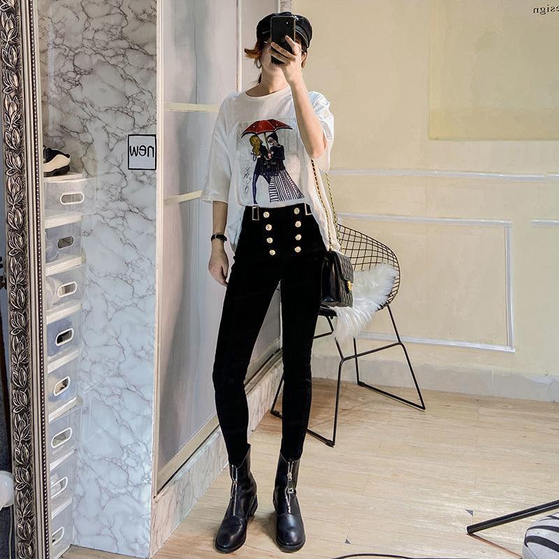 WTEMPO Stretch Trousers Double Breasted Leggings Women's High Waist Worn Outside Cotton Black Tight Pants