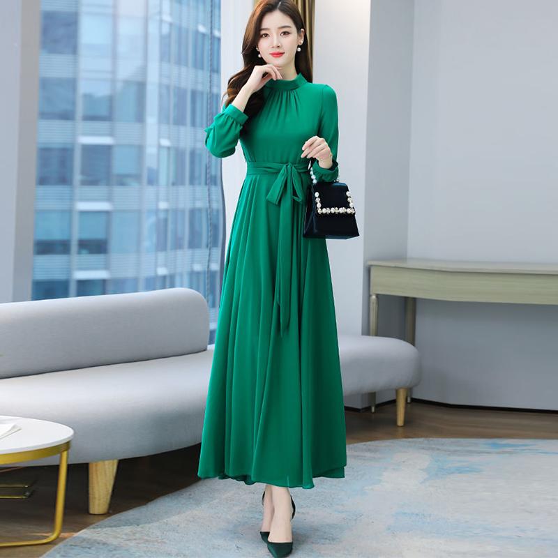 Chiffon Long Sleeve Dress for Women Spring Autumn Large Size Pure Color Fairy Temperament Over The Knee Beach Large Swing Dress Women