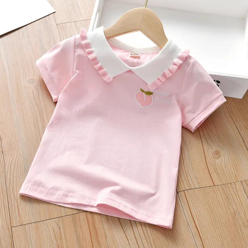 Summer Girls T-Shirts Peach Embroidery Lapel Tops Little Girls Casual T-Shirts