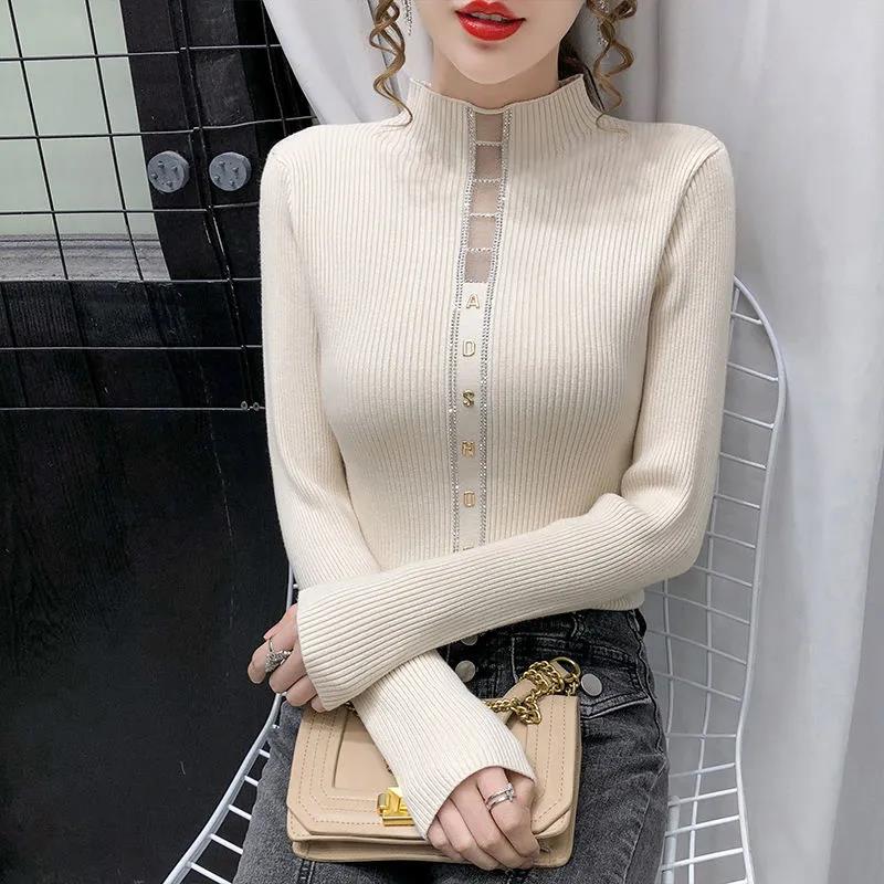 Half Turtleneck Bottoming Shirt Hollow Stick Drill Long Sleeve Knit Slim Fit Warm Plus Size Women's Sweater