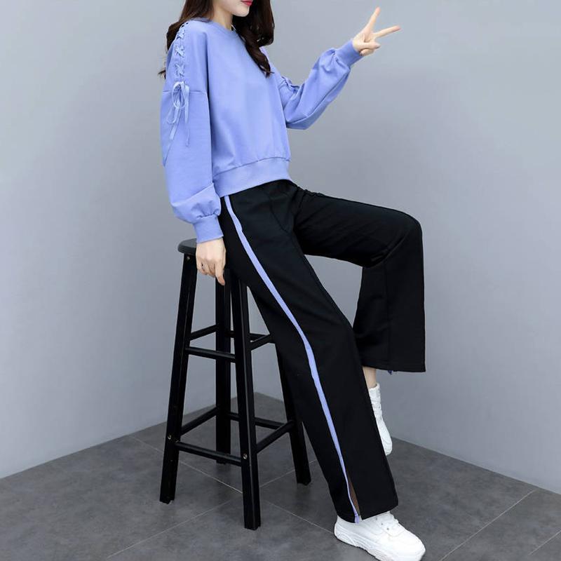 Women's Casual Suit Round Neck Long-sleeved Pullover Blouse + Loose Wide-leg Trousers Casual Two-piece Simple Style Comfortable and Warm