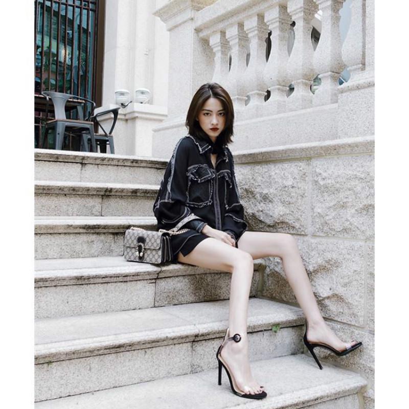 Europe and the United States sexy transparent open-toe buckle high-heeled sandals thin heel black
