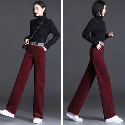 Plus Velvet Thickened Cord Velvet High Waist Wide Leg Pants Autumn Winter Loose Slim Fell In Straight Pants