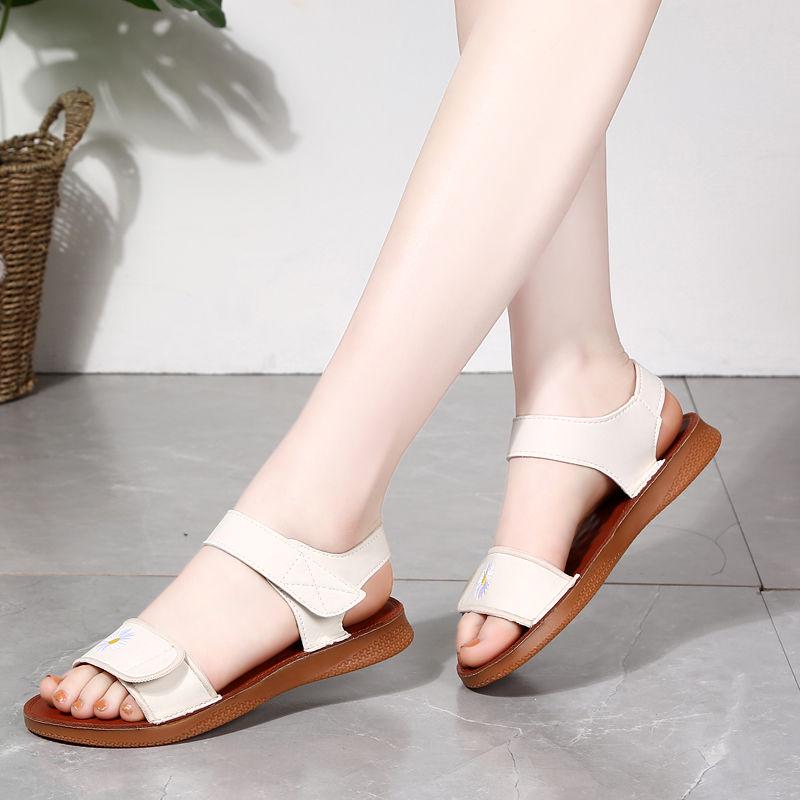 Soft Bottom Sandals Female 2020 Velcro Flat Bottom Students Korean Version of Beef Tendon Bottom Leather Flat Heel Sandals