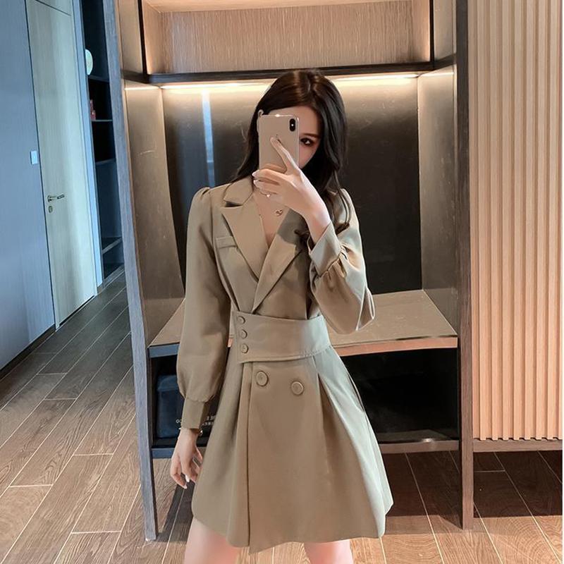 Suit Collar Long-sleeved Dress Women Spring  Summer Korean Design Windbreaker Short Skirt