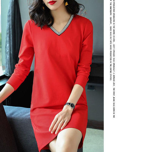 Autumn and Winter Long-sleeved V-neck Dress Temperament Large Size Loose Bottoming Shirt In The Long Section Was Thin Female Bottoming Skirt