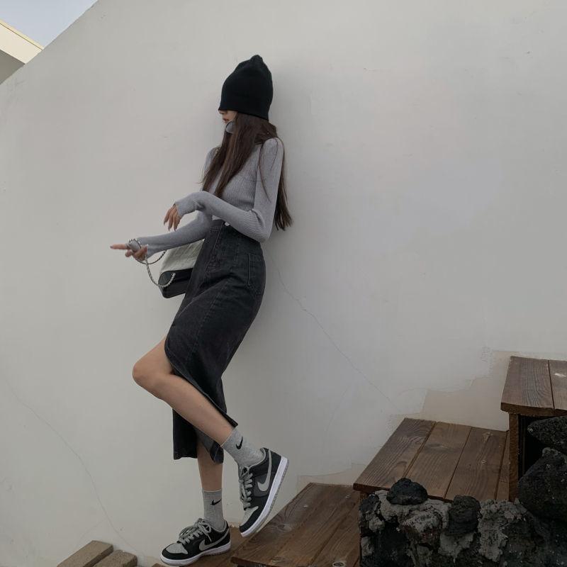 Women Sexy Sweet Solid Split Denim Skirt High Waist Over The Knee Hip Skirt Casual Club Home Office