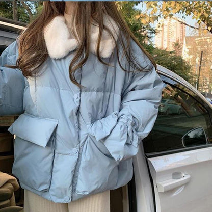 Winter Women's Down Jacket Korean Fashion Bow-knot Stand-up Collar Cotton-padded Jacket Warmth Short Cotton Jacket