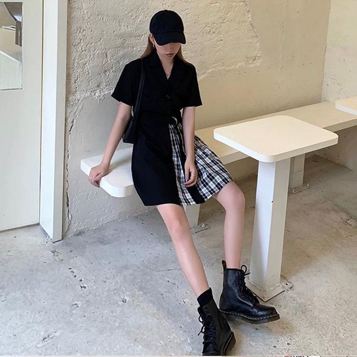 Irregular Plaid Black Dress Women's Cool Girl Summer Dress Short Sleeve Turn-down Collar Knee-length Dating Party Daily Wear